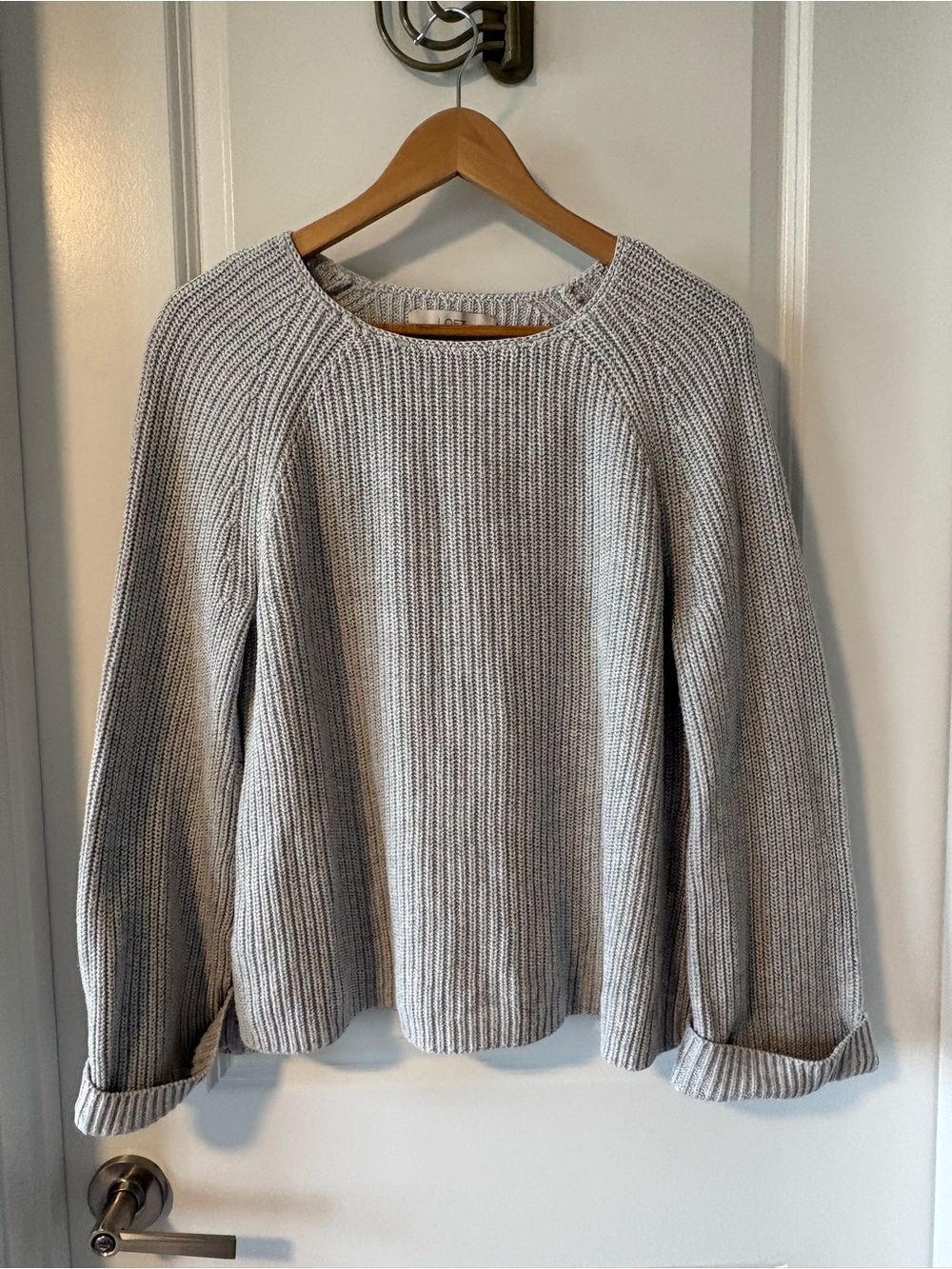 LOFT Light Gray Ribbed Crewneck Sweater Bell Sleeve Size Large
